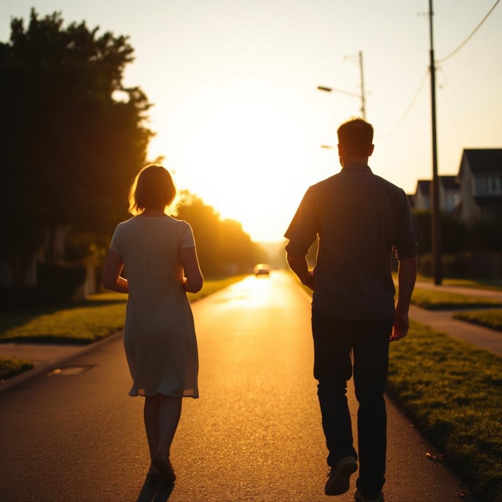 Two people walking together on a quiet street