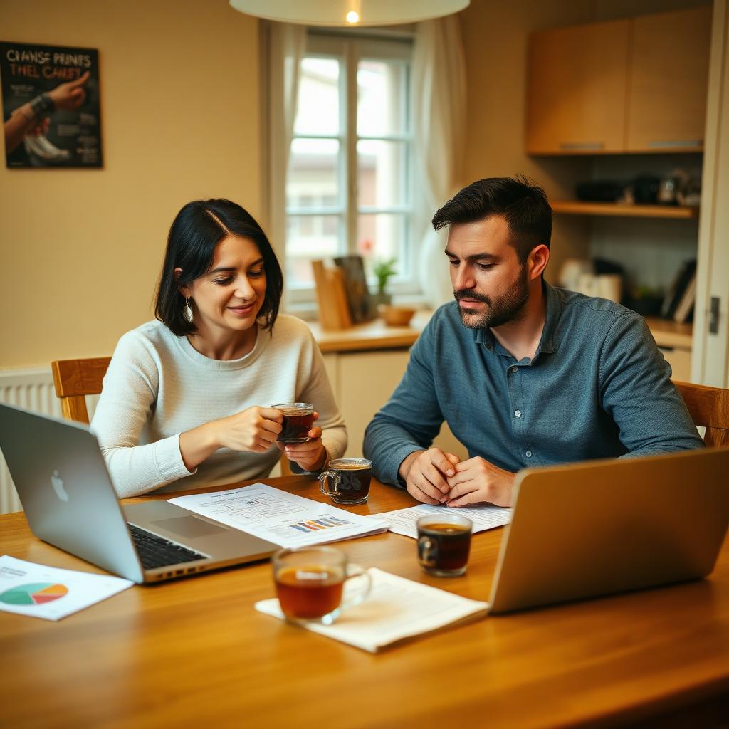 A couple going through paperwork at a kitchen table