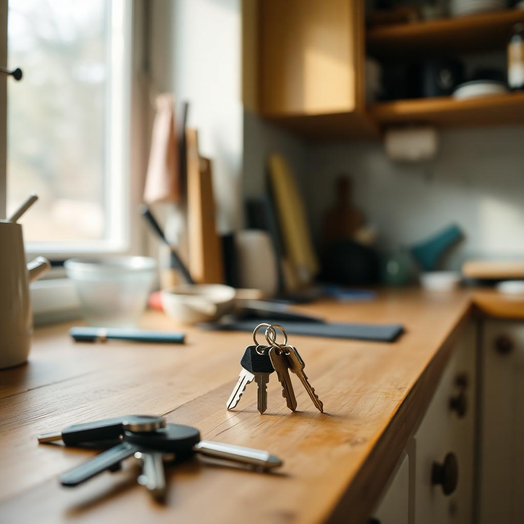 Keys on a kitchen bench in a lived in home